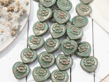 Czech Glass Vintage Style Floral Heart Beads - Copper Washed Turquoise - 17mm - 8pcs - (B50)