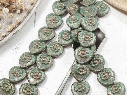 Czech Glass Vintage Style Floral Heart Beads - Copper Washed Turquoise - 17mm - 8pcs - (B50)