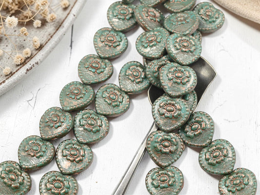 Czech Glass Vintage Style Floral Heart Beads - Copper Washed Turquoise - 17mm - 8pcs - (B50)