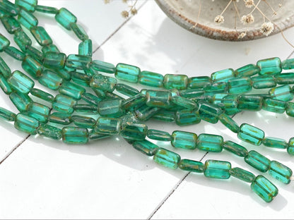 Czech Glass Old Stock Rectangle Beads - Aquamarine Silver Picasso - 12x8mm - 17pcs - (1679)