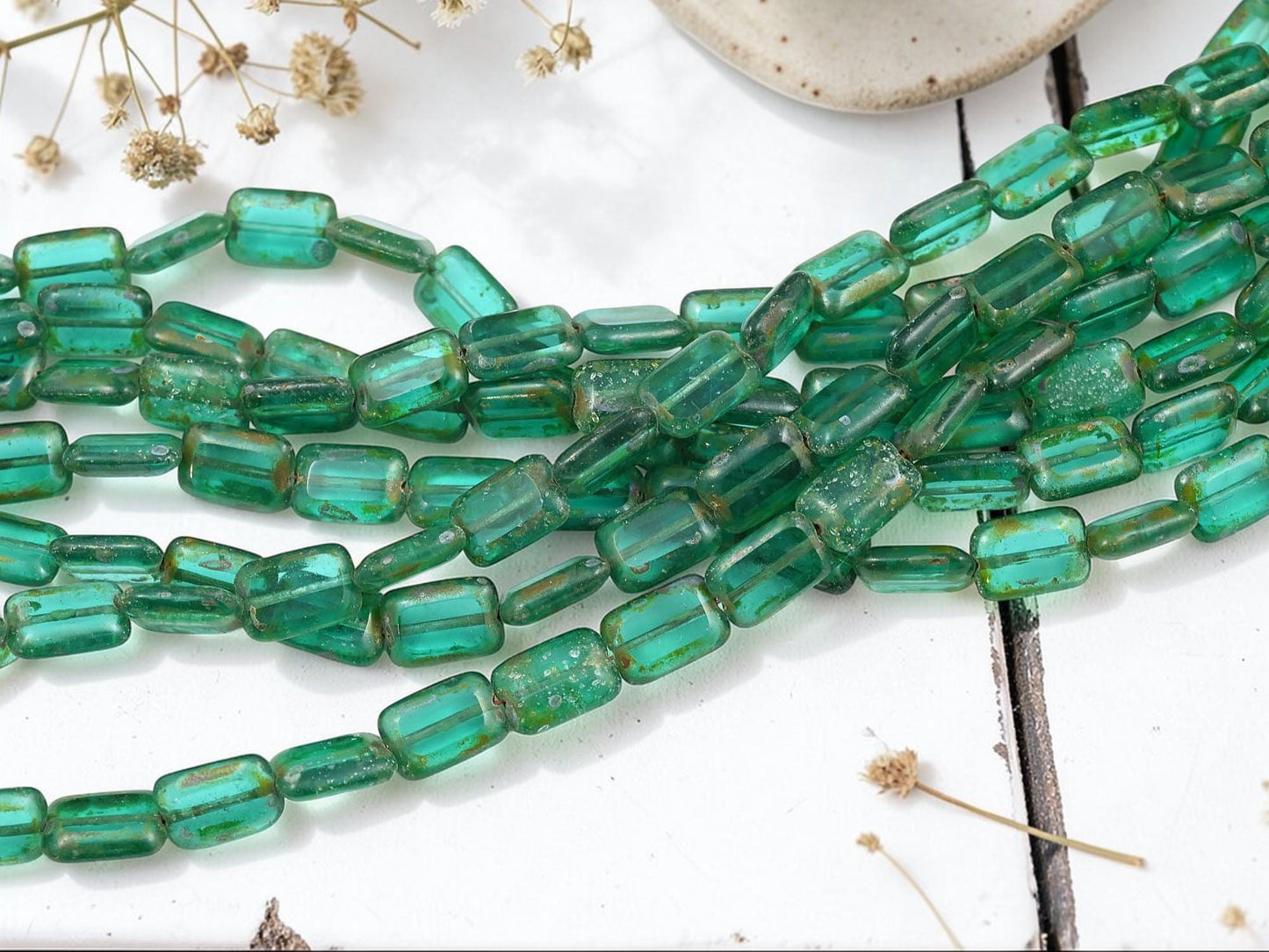 Czech Glass Old Stock Rectangle Beads - Aquamarine Silver Picasso - 12x8mm - 17pcs - (1679)
