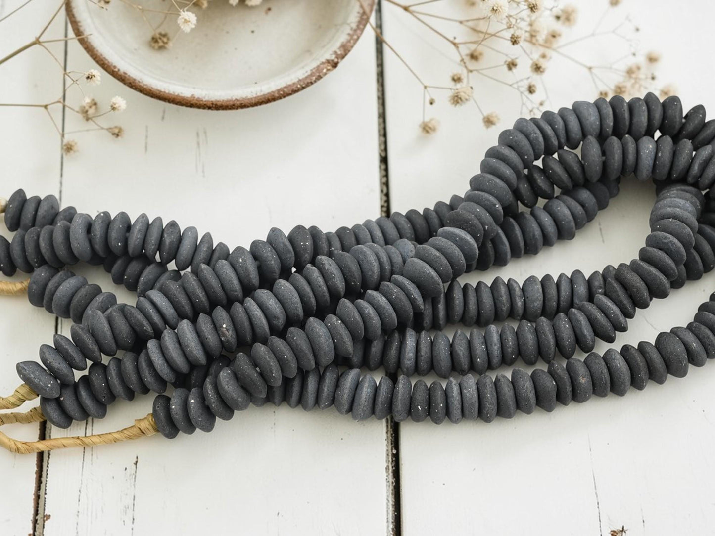 Ghana African Recycled Glass Charcoal Grey Ashanti Heishi Beads - 13-15mm - 10" Strand - (J59)