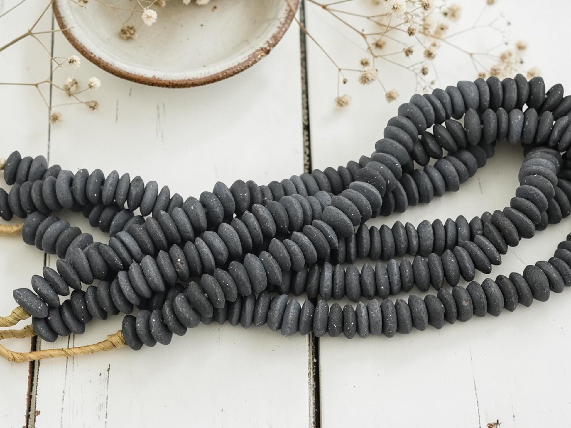 Ghana African Recycled Glass Charcoal Grey Ashanti Heishi Beads - 13-15mm - 10" Strand - (J59)