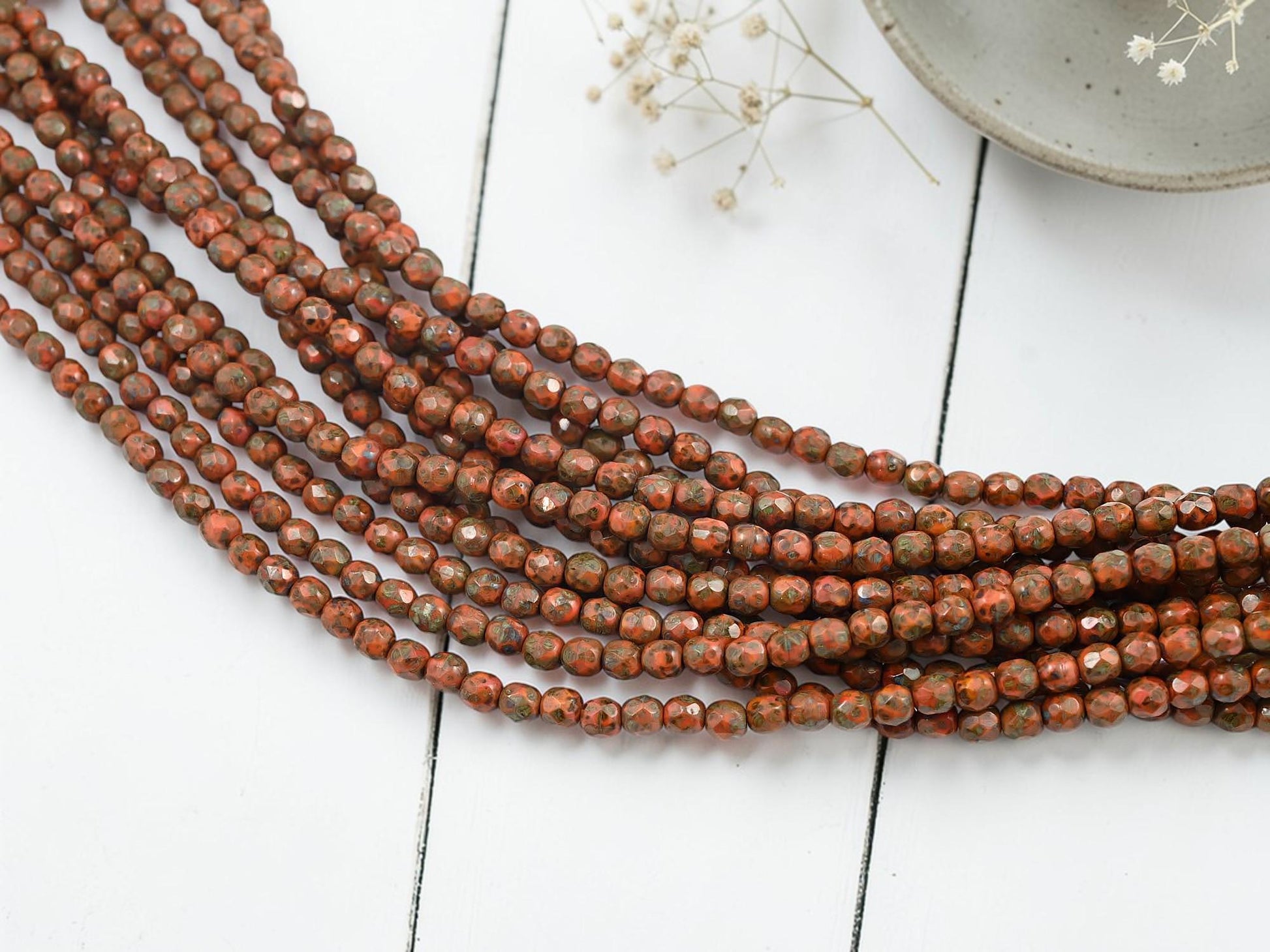 Czech Glass Faceted Fire Polished Round Beads - Opaque Orange Travertine - 4mm - 50pcs - (3999)