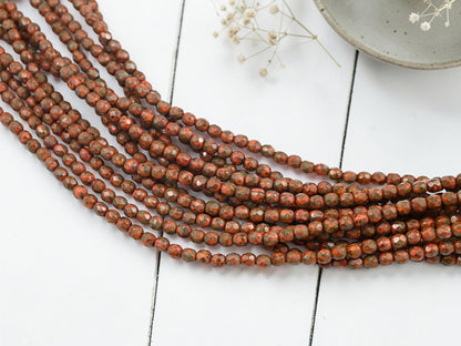 Czech Glass Faceted Fire Polished Round Beads - Opaque Orange Travertine - 4mm - 50pcs - (3999)