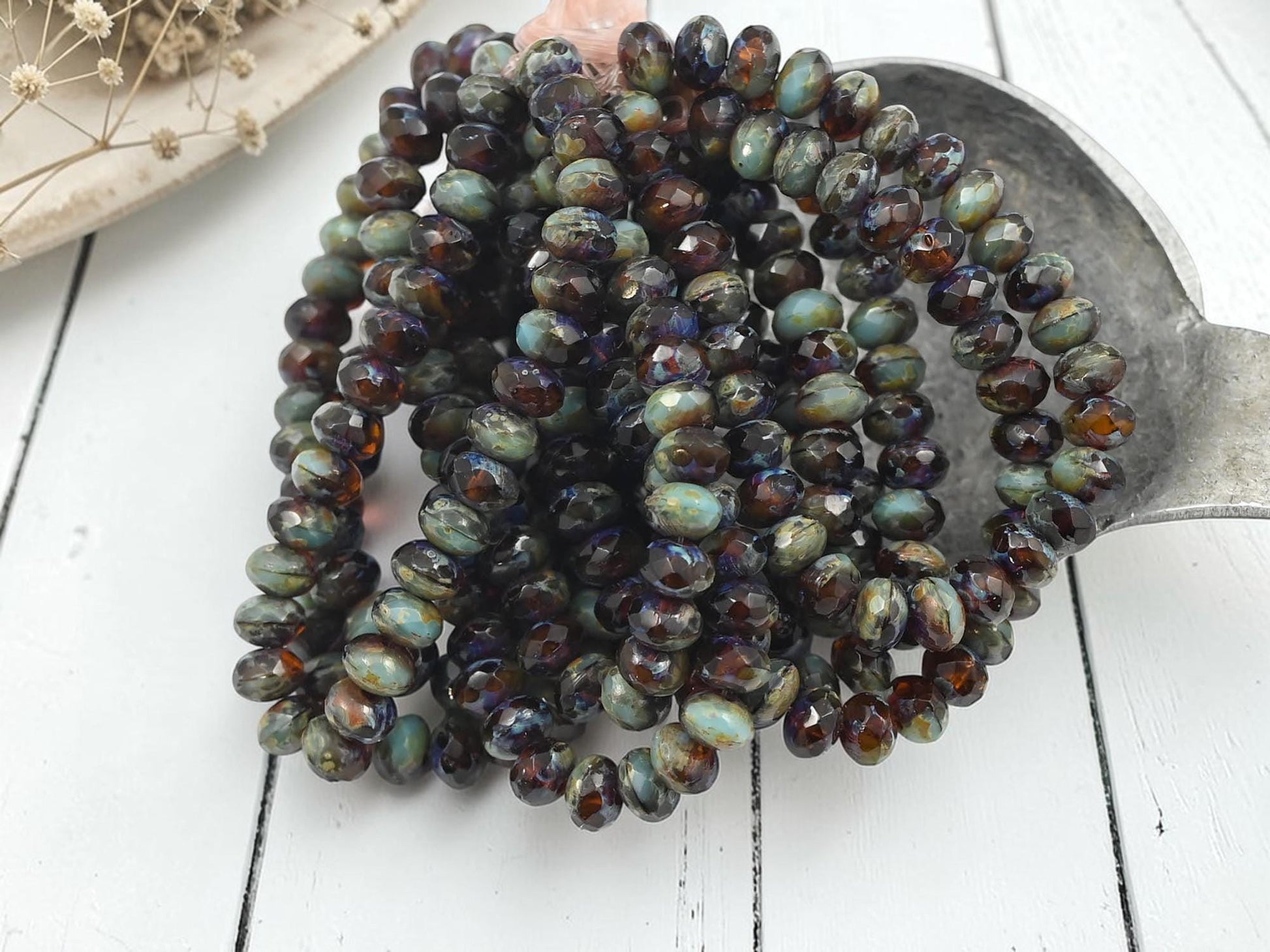 Small Czech Glass Faceted Fire Polished Rondelle Beads - Topaz Turquoise Picasso - 30pcs - 3x5mm - (4691)