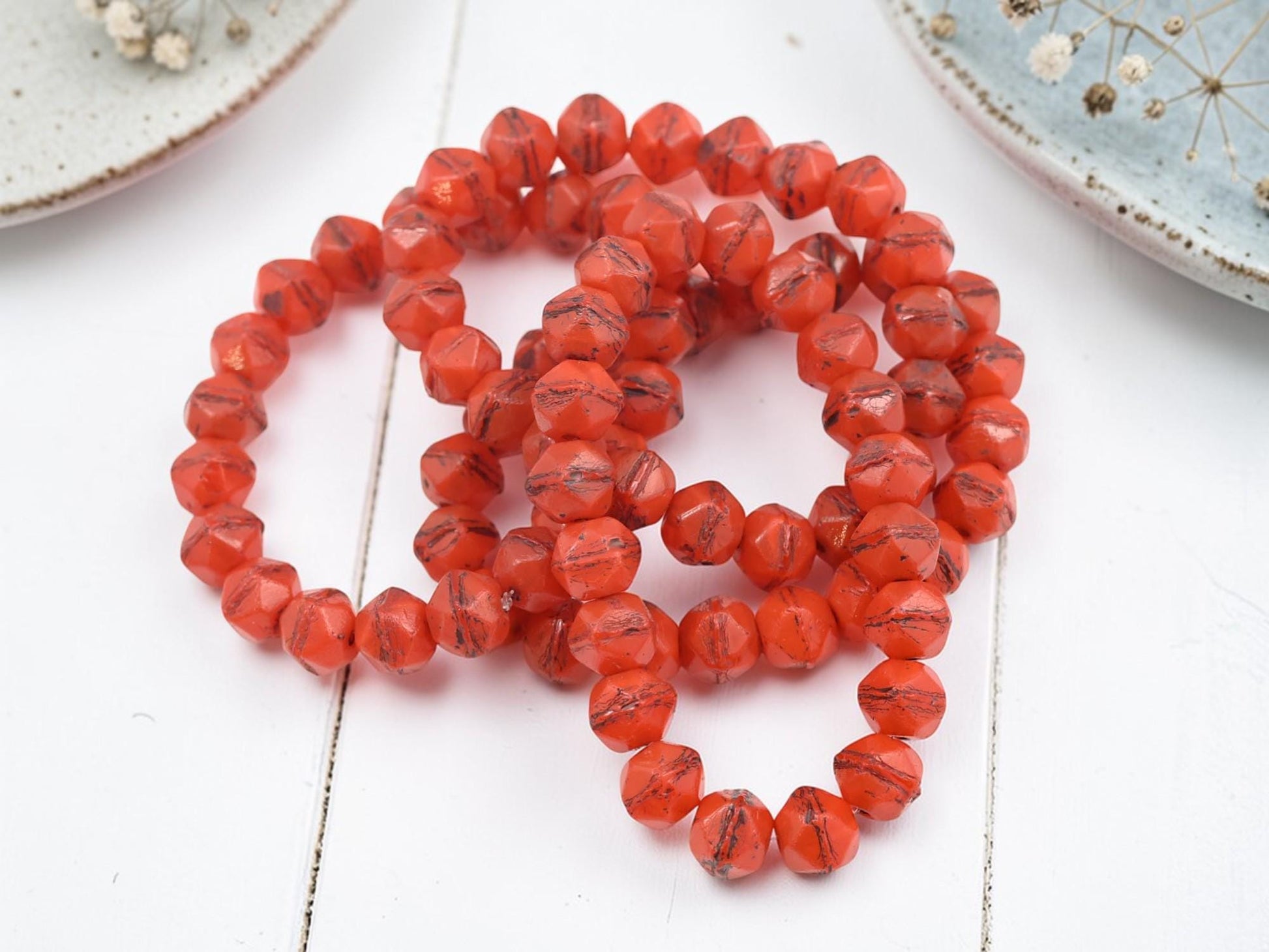 Czech Glass 8mm Antique Cut Round Beads - English Cut - Brown Washed Orange Opaline - 20pcs - (1148)