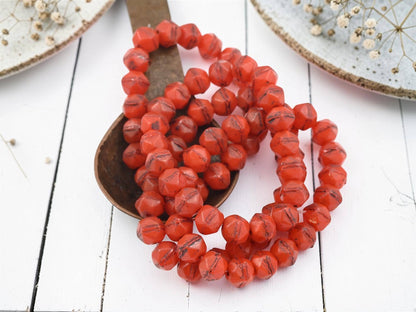 Czech Glass 8mm Antique Cut Round Beads - English Cut - Brown Washed Orange Opaline - 20pcs - (1148)
