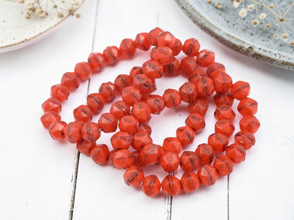 Czech Glass 8mm Antique Cut Round Beads - English Cut - Brown Washed Orange Opaline - 20pcs - (1148)