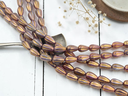 Czech Glass Melon Tear Drop Beads - Gold Lustered Purple - 16pcs - 13x8mm - (5488)