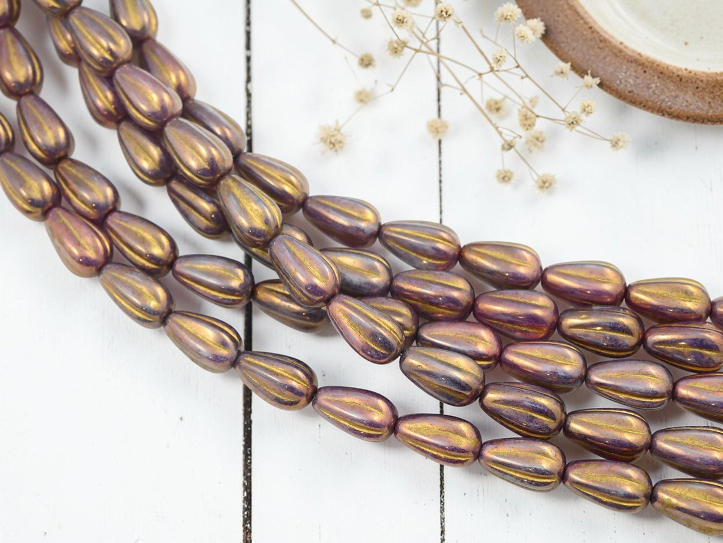Czech Glass Melon Tear Drop Beads - Gold Lustered Purple - 16pcs - 13x8mm - (5488)