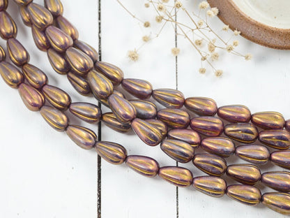 Czech Glass Melon Tear Drop Beads - Gold Lustered Purple - 16pcs - 13x8mm - (5488)