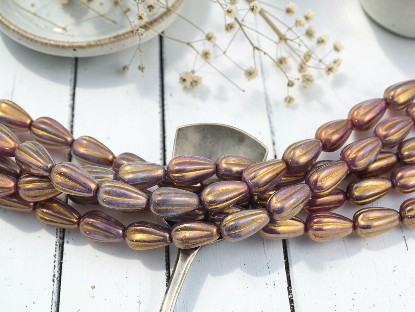 Czech Glass Melon Tear Drop Beads - Gold Lustered Purple - 16pcs - 13x8mm - (5488)