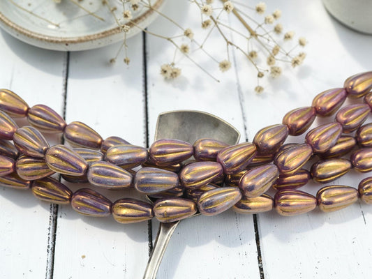 Czech Glass Melon Tear Drop Beads - Gold Lustered Purple - 16pcs - 13x8mm - (5488)