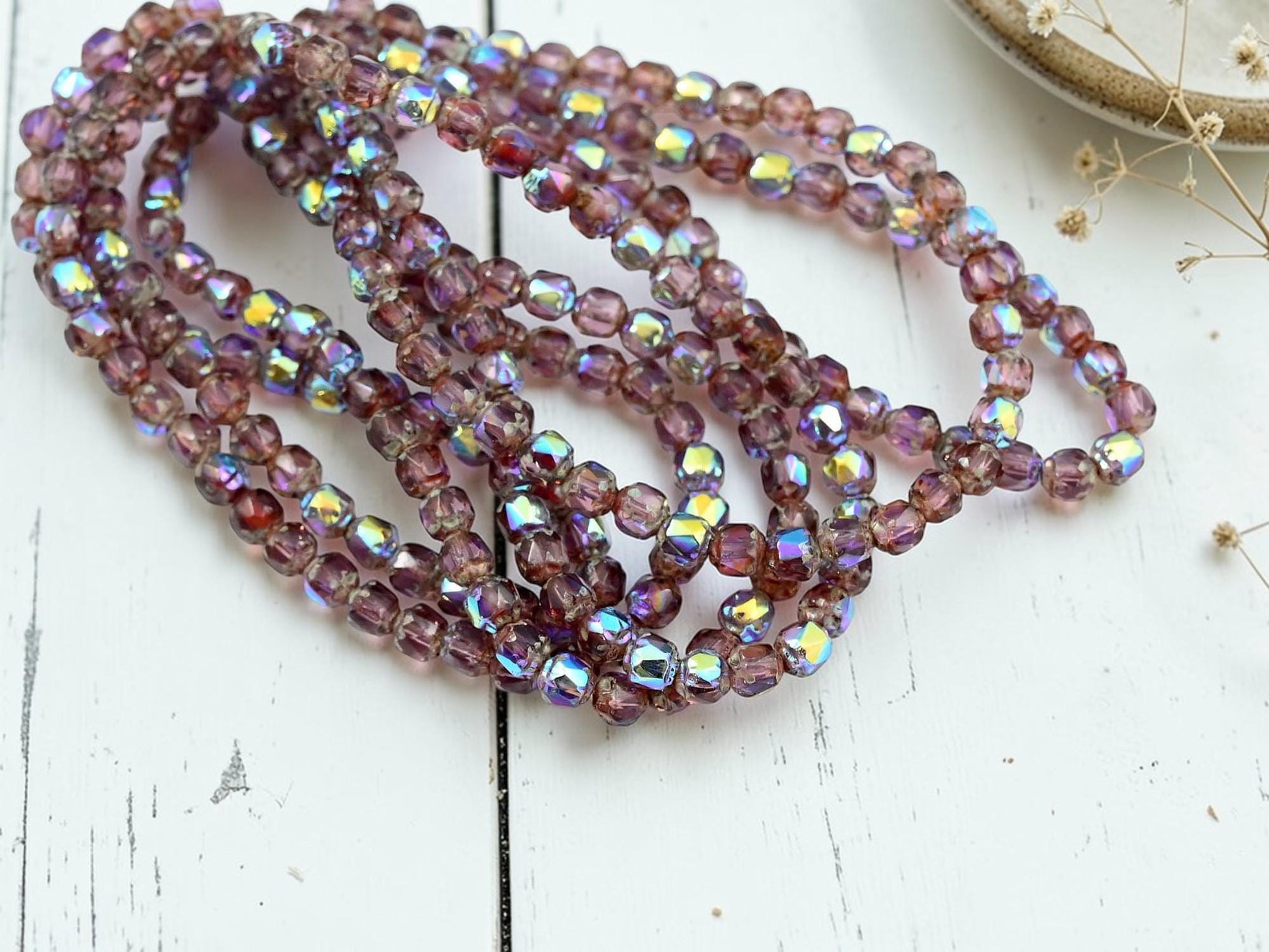 Czech Glass Fire Polished Faceted Cathedral Beads - Amethyst Picasso AB - 4mm - 50pcs - (4304)