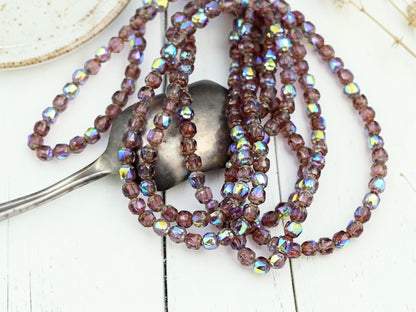 Czech Glass Fire Polished Faceted Cathedral Beads - Amethyst Picasso AB - 4mm - 50pcs - (4304)