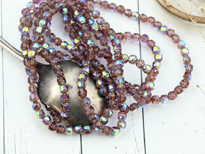 Czech Glass Fire Polished Faceted Cathedral Beads - Amethyst Picasso AB - 4mm - 50pcs - (4304)