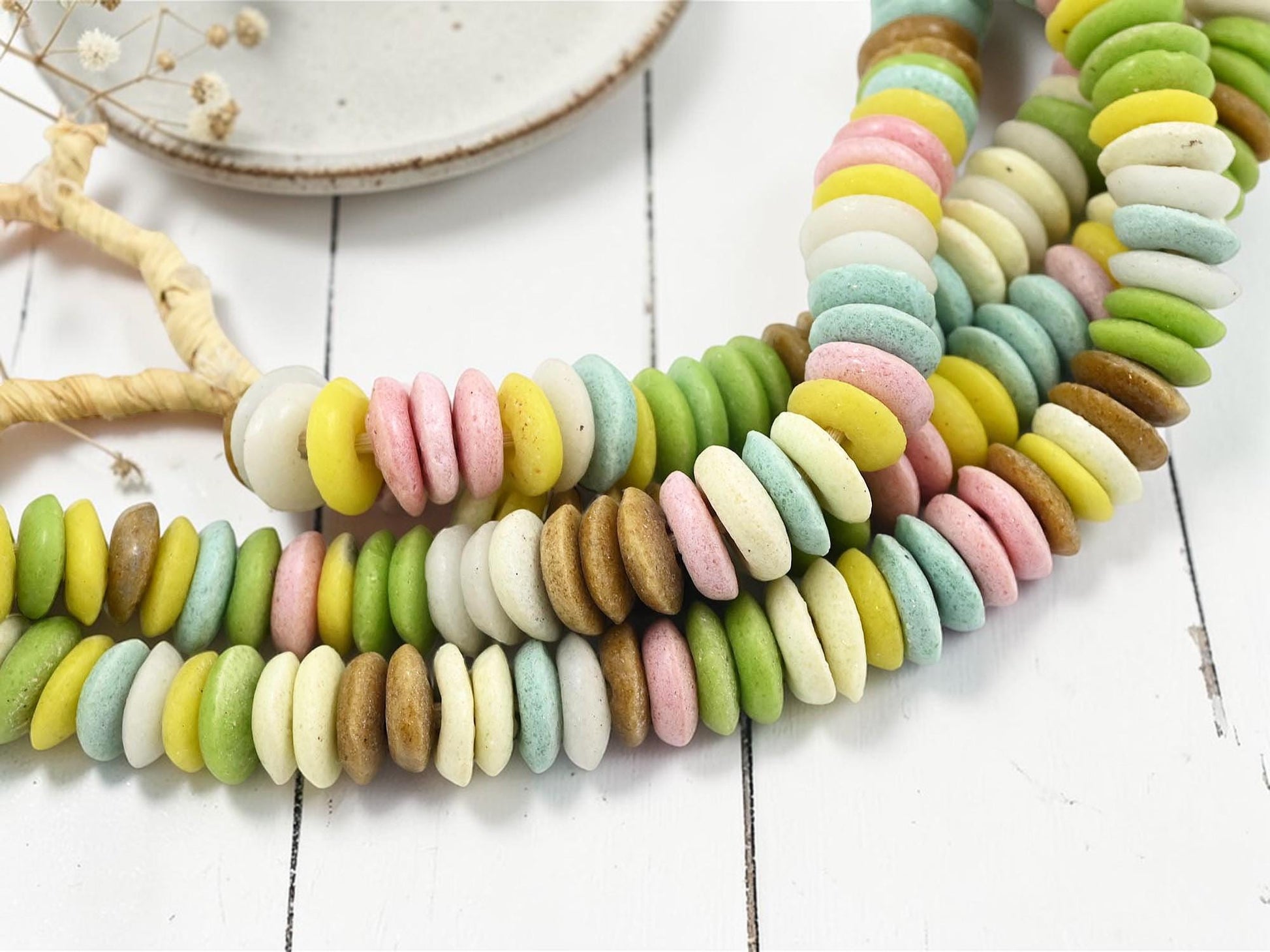 African Glass Beads - Recycled Glass Beads - Ashanti Glass - Heishi Beads - 13-15mm - 21" Strand (J01)