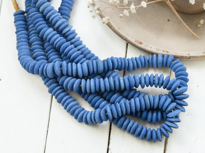 Africa Ghana Recycled Glass Ashanti Heishi Beads - Persian Blue - 13-15mm - 10" Strand - (J69)
