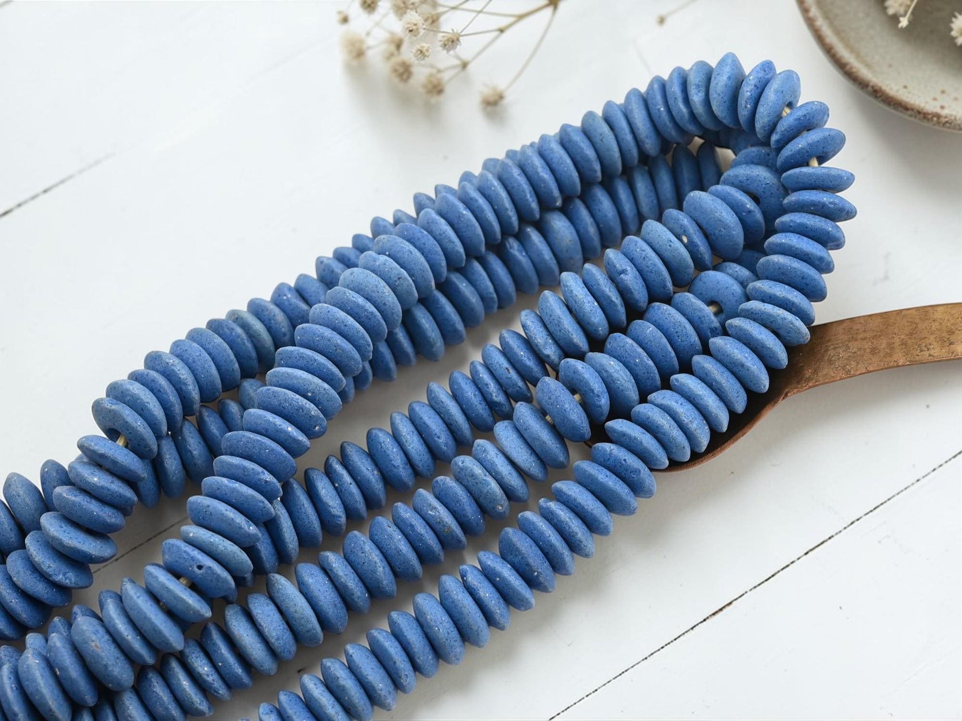 Africa Ghana Recycled Glass Ashanti Heishi Beads - Persian Blue - 13-15mm - 10" Strand - (J69)