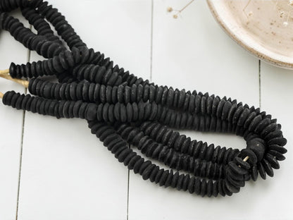 Africa Ghana Recycled Glass Ashanti Heishi Beads - Jet Black - 13-15mm - 10" Strand - (J74)