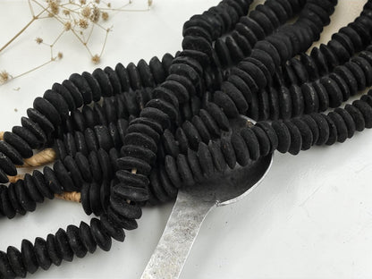 Africa Ghana Recycled Glass Ashanti Heishi Beads - Jet Black - 13-15mm - 10" Strand - (J74)