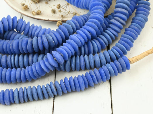 Africa Ghana Recycled Glass Ashanti Heishi Beads - Cerulean Blue - 13-15mm - 10" Strand - (J82)