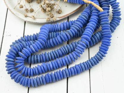 Africa Ghana Recycled Glass Ashanti Heishi Beads - Cerulean Blue - 13-15mm - 10" Strand - (J82)