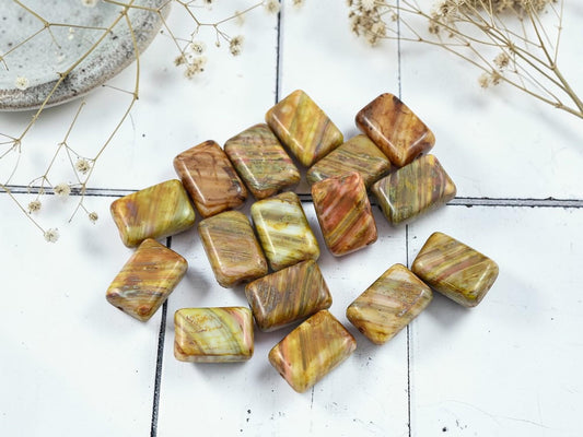 Old Stock Czech Glass Earthy Picasso Rectangle Beads - 12x8mm - 16pcs - (5162)