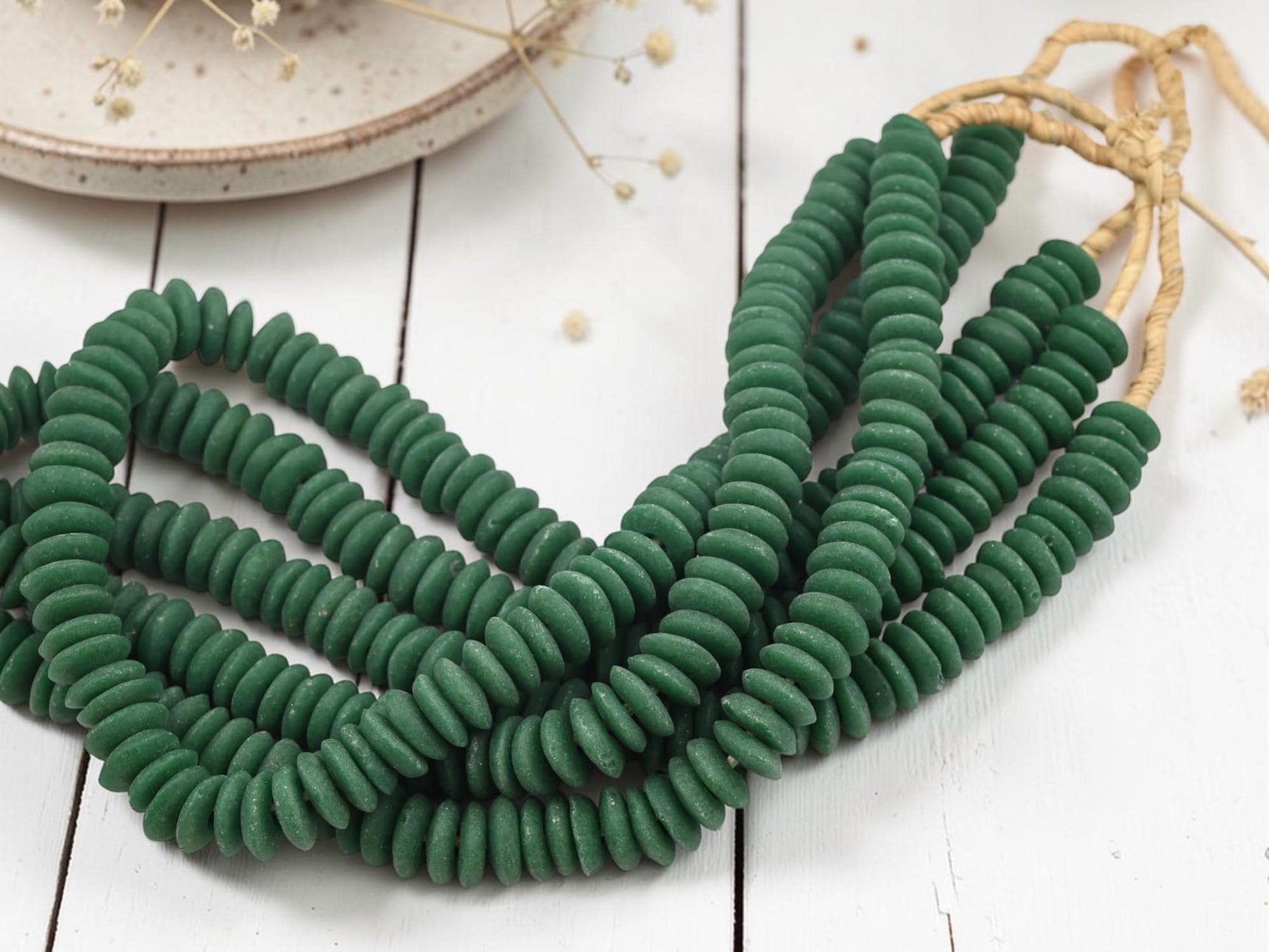 Africa Ghana Recycled Glass Ashanti Heishi Beads - Hunter Green - 13-15mm - 10" Strand - (J64)