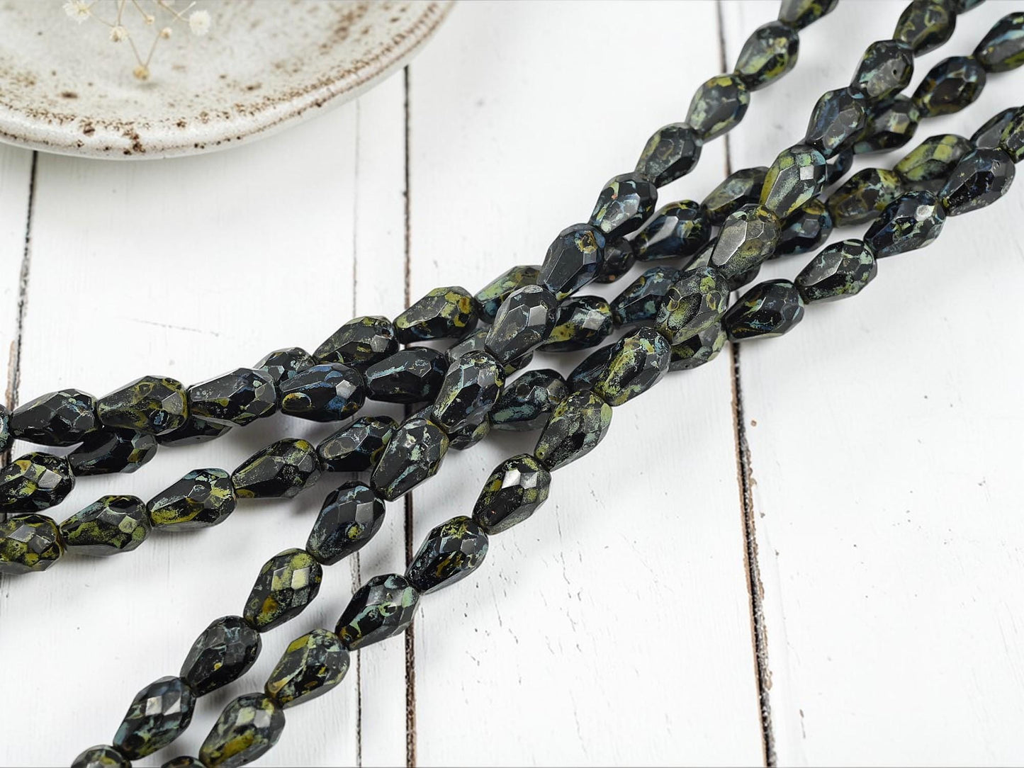 Old Stock Czech Glass Fire Polished Faceted Tear Drop Beads - Jet Travertine - 10x7mm - 21pcs - (A175)