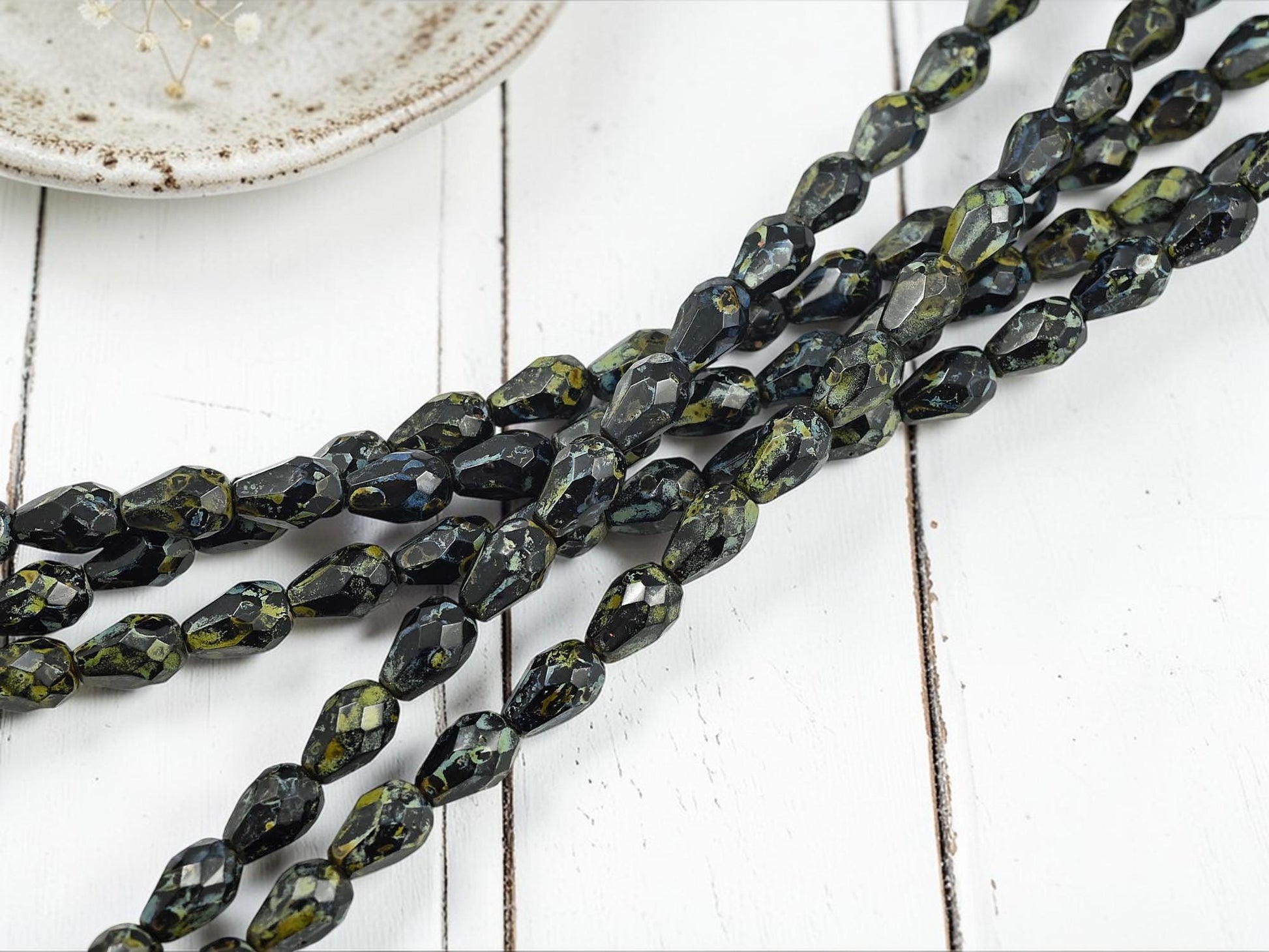 Old Stock Czech Glass Fire Polished Faceted Tear Drop Beads - Jet Travertine - 10x7mm - 21pcs - (A175)