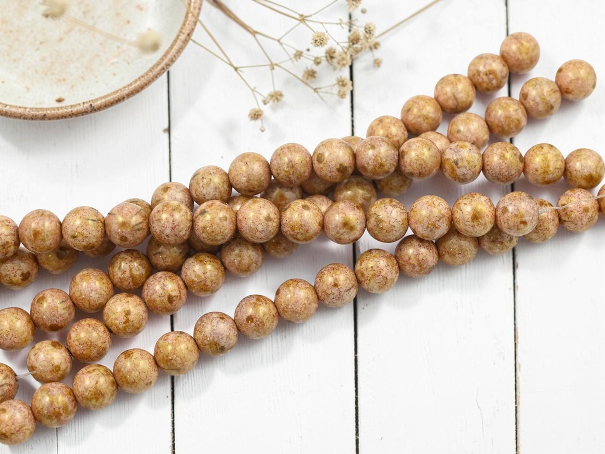 Old Stock Czech Glass Rose Gold Picasso Round Druk Beads - 8mm - 16pcs - (705)