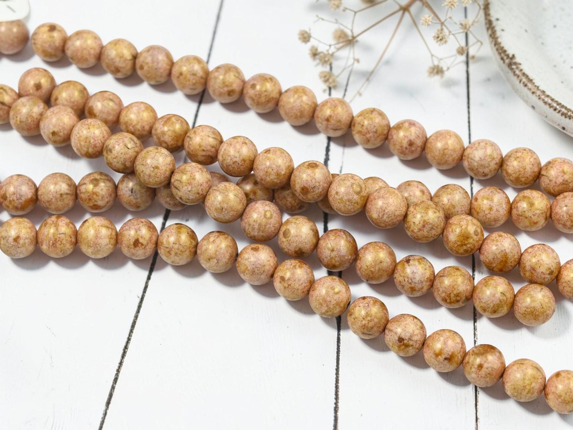 Old Stock Czech Glass Rose Gold Picasso Round Druk Beads - 8mm - 16pcs - (705)