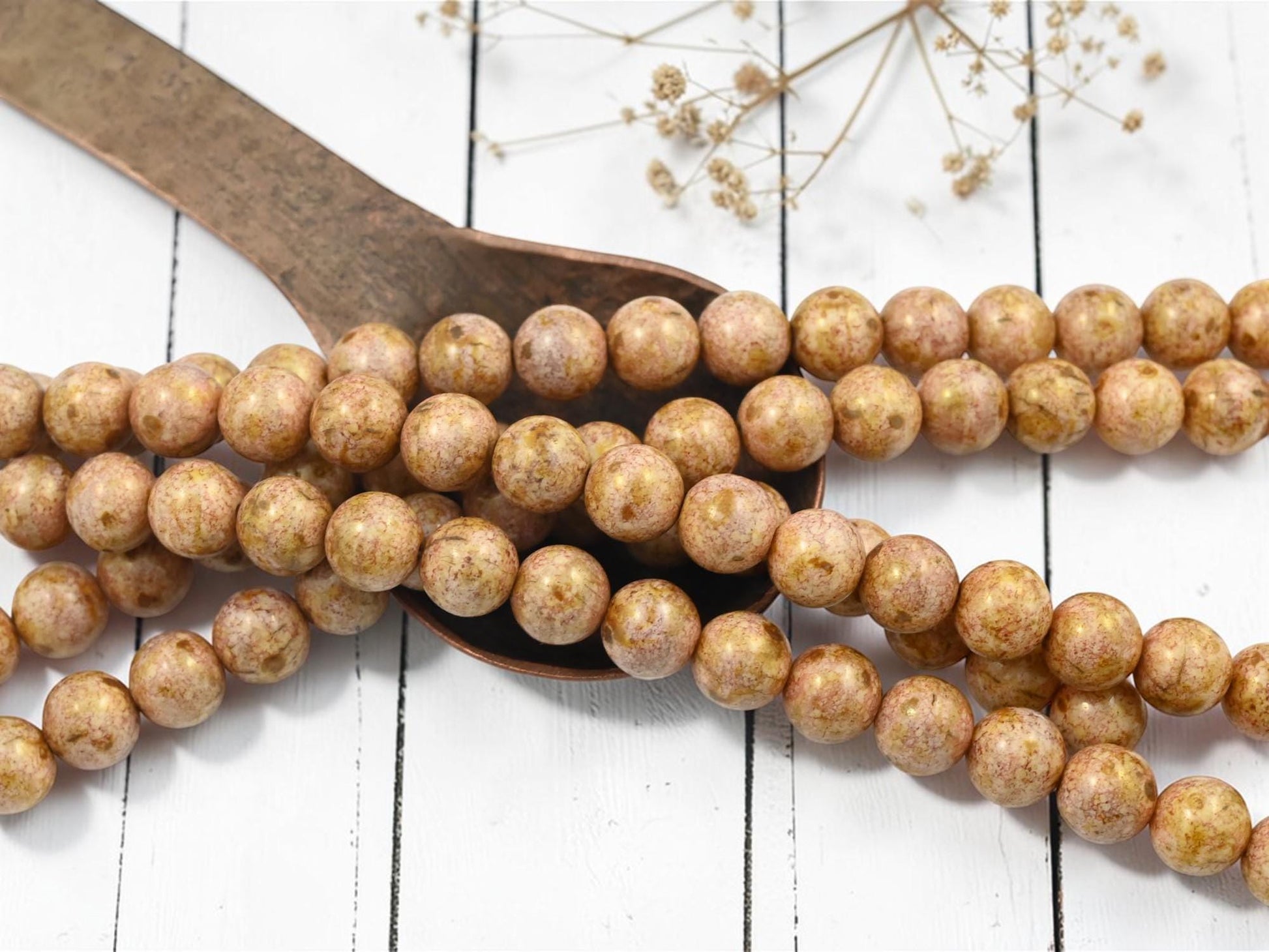 Old Stock Czech Glass Rose Gold Picasso Round Druk Beads - 8mm - 16pcs - (705)