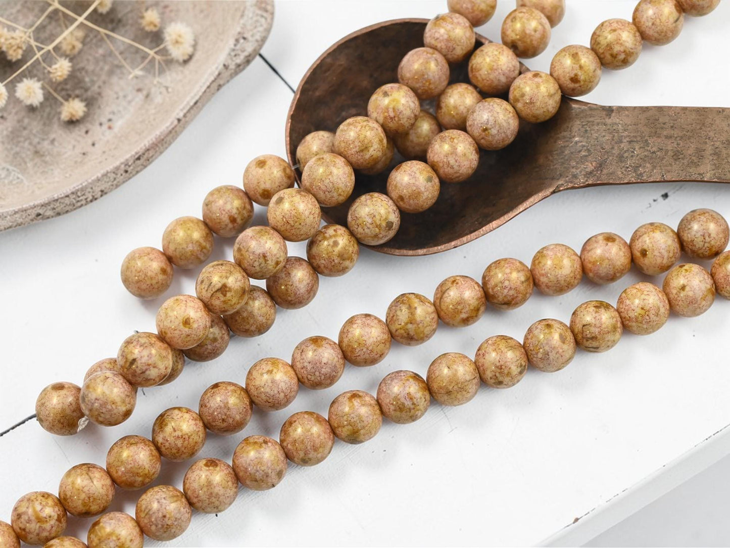 Old Stock Czech Glass Rose Gold Picasso Round Druk Beads - 8mm - 16pcs - (705)