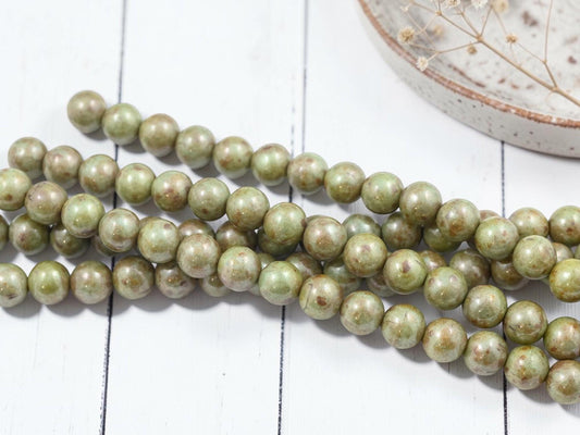 Old Stock Czech Glass Green Luster Picasso Round Druk Beads - 8mm - 16pcs - (2711)