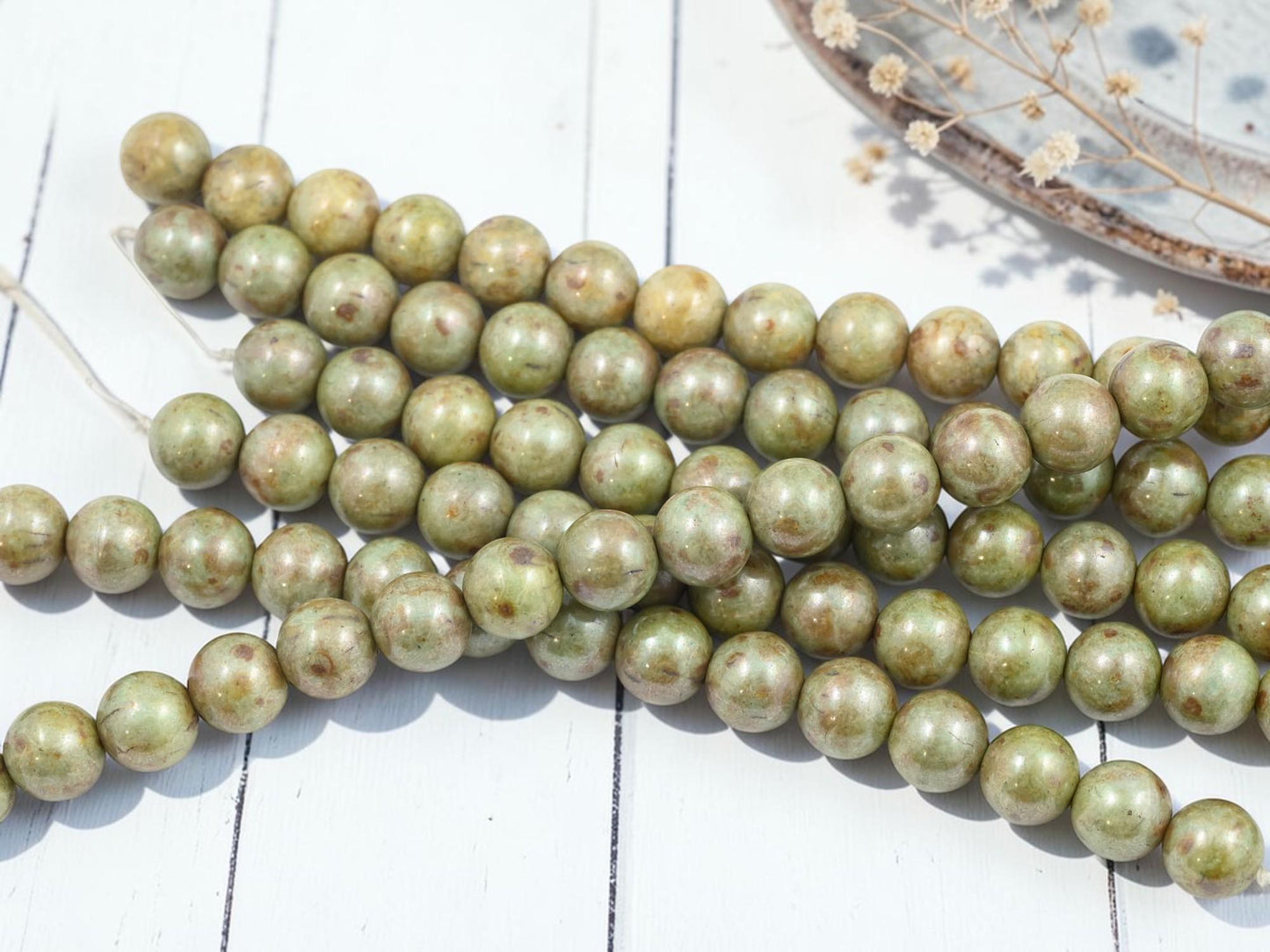 Old Stock Czech Glass Green Luster Picasso Round Druk Beads - 8mm - 16pcs - (2711)