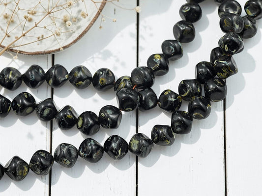 Old Stock Vintage Czech Glass Pinched Round Nugget Beads - Jet Travertine - 11mm - 18pcs - (2732)