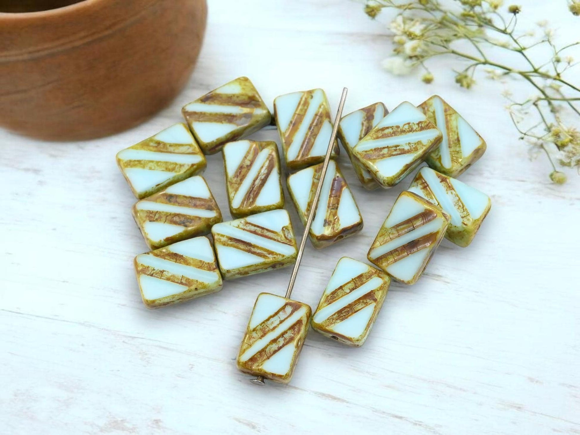 Old Stock Vintage Czech Glass Table Cut Rectangle Beads - Robins Egg Blue Travertine - 12x8mm - 15pcs - (619)