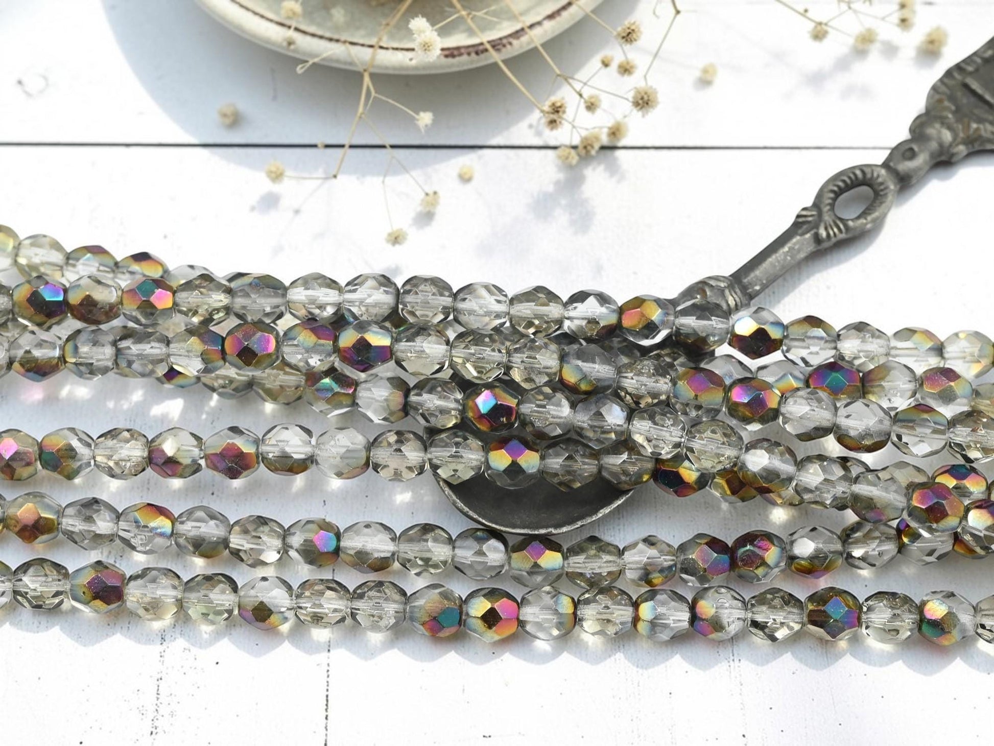7mm Old Stock Czech Glass Faceted Fire Polished Round Beads - Crystal Bronze Rainbow - 30pcs - (A421)