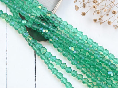 7mm Old Stock Czech Glass Faceted Fire Polished Round Beads - Sea Green Rainbow Luster - 30pcs - (A407)