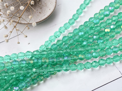 7mm Old Stock Czech Glass Faceted Fire Polished Round Beads - Sea Green Rainbow Luster - 30pcs - (A407)