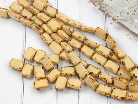 Old Stock Czech Glass Table Cut Rectangle Beads - Opaque Beige Travertine - 12x8mm - 12pcs - (2260)