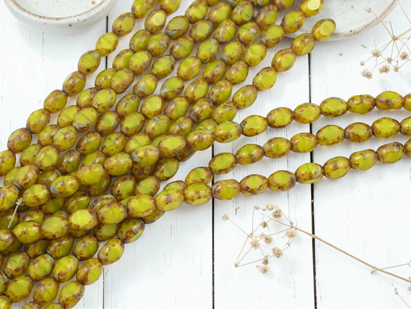 Czech Glass Old Stock Table Cut Oval Window Beads - Yellow Silk Travertine - 6x8mm - 18pcs - (2198)