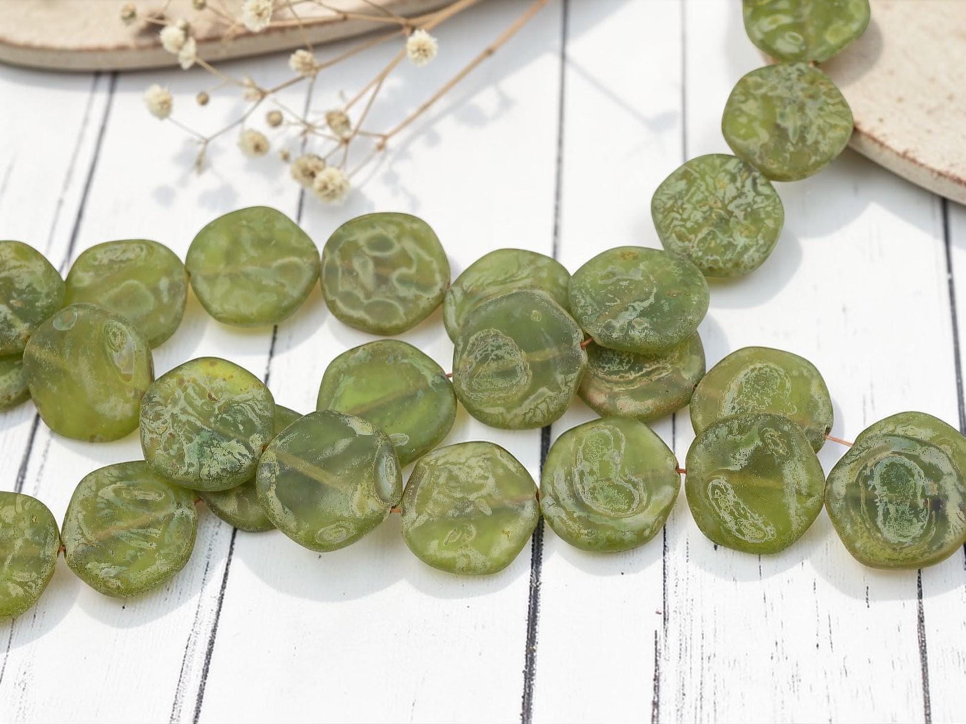Old Stock Czech Glass Irregular Shaped Coin Beads - Matte Olivine Travertine - 18mm - 11 Beads - (6037)