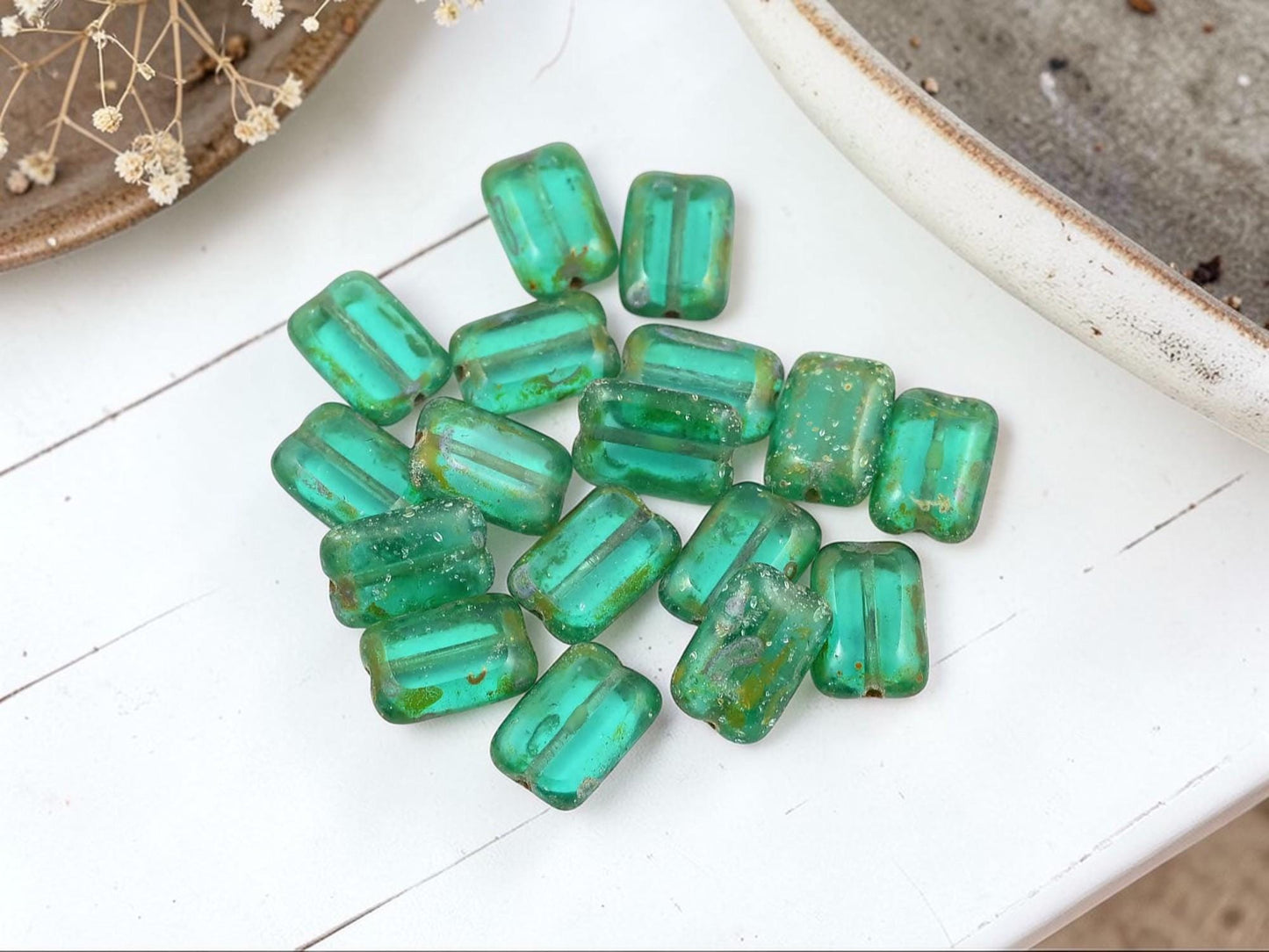 Czech Glass Old Stock Rectangle Beads - Aquamarine Silver Picasso - 12x8mm - 17pcs - (1679)