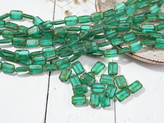 Czech Glass Old Stock Rectangle Beads - Aquamarine Silver Picasso - 12x8mm - 17pcs - (1679)