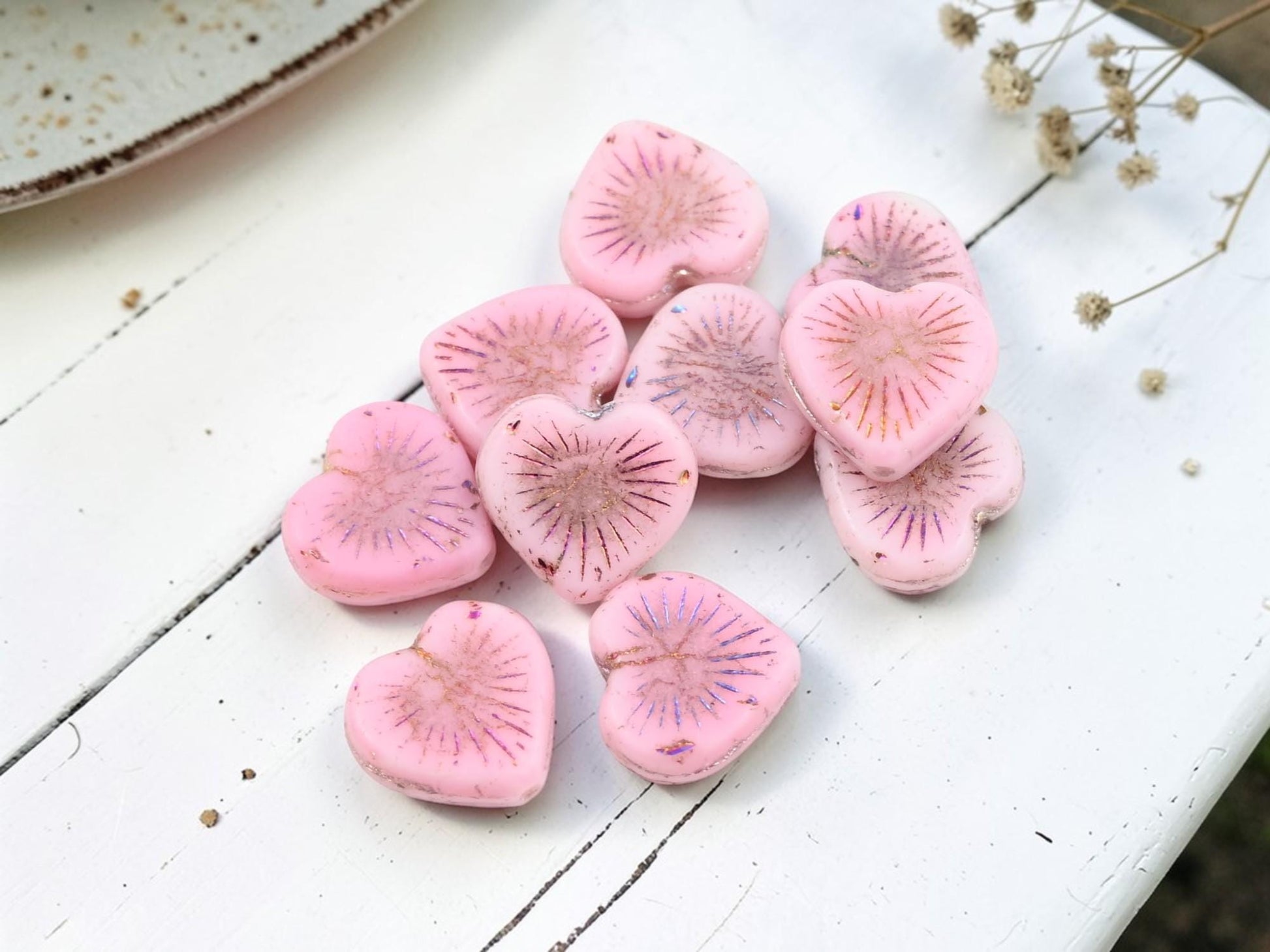 Czech Glass Heart Beads - Pink Sliperit - 14mm - 10pcs - (4296)