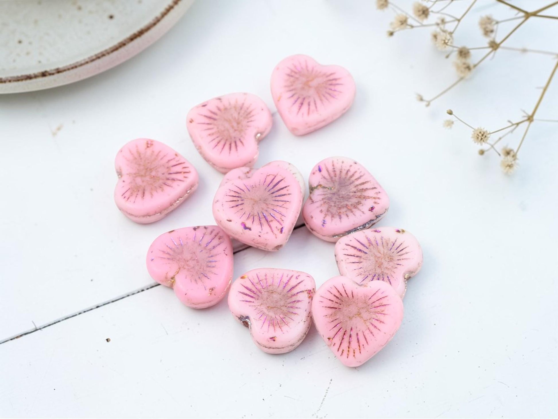 Czech Glass Heart Beads - Pink Sliperit - 14mm - 10pcs - (4296)